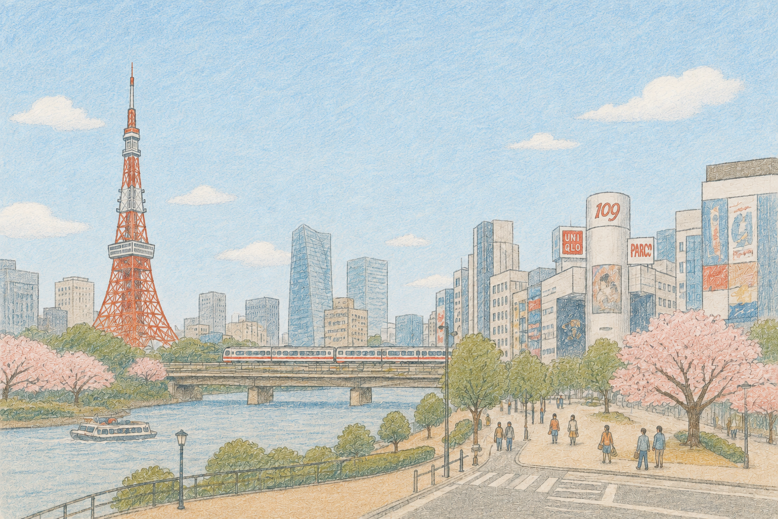 彩铅画中的东京塔、城市与河畔樱花
