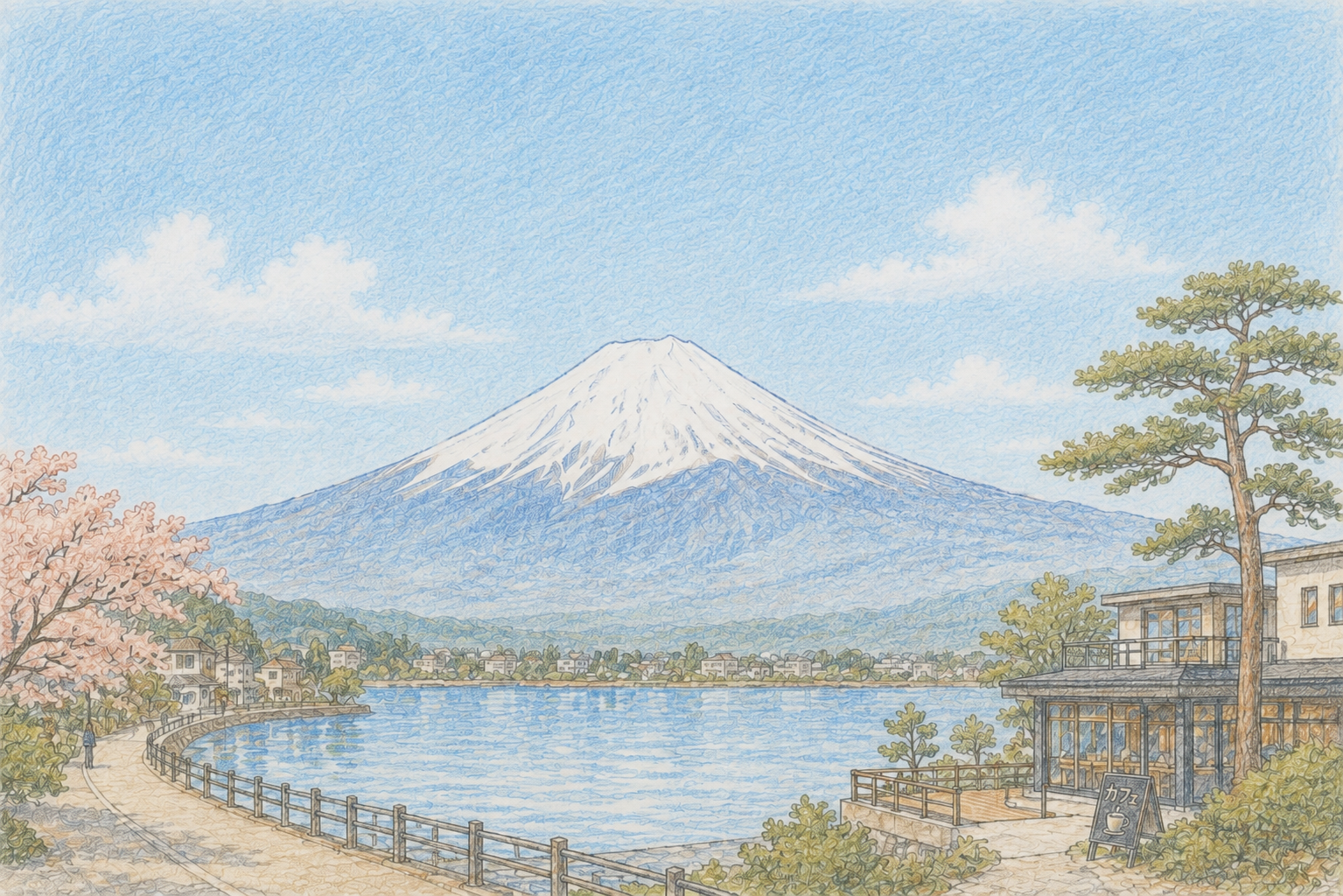 彩铅画中的富士山与河口湖白日风景